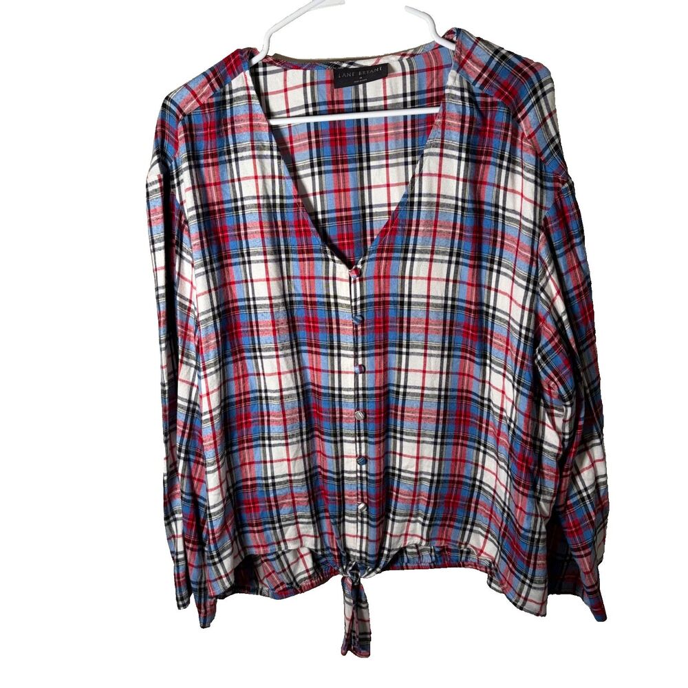Lane Bryant Blouse Women's 18 Plaid Button Up Tie Long Sleeve V-Neck Top